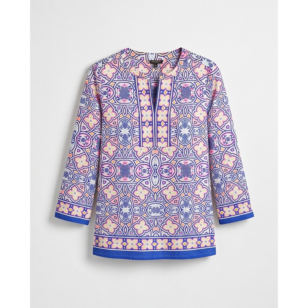 Talbots Petites PM Blue Pink Mosaic Print Split Neck Tunic Blouse NEW